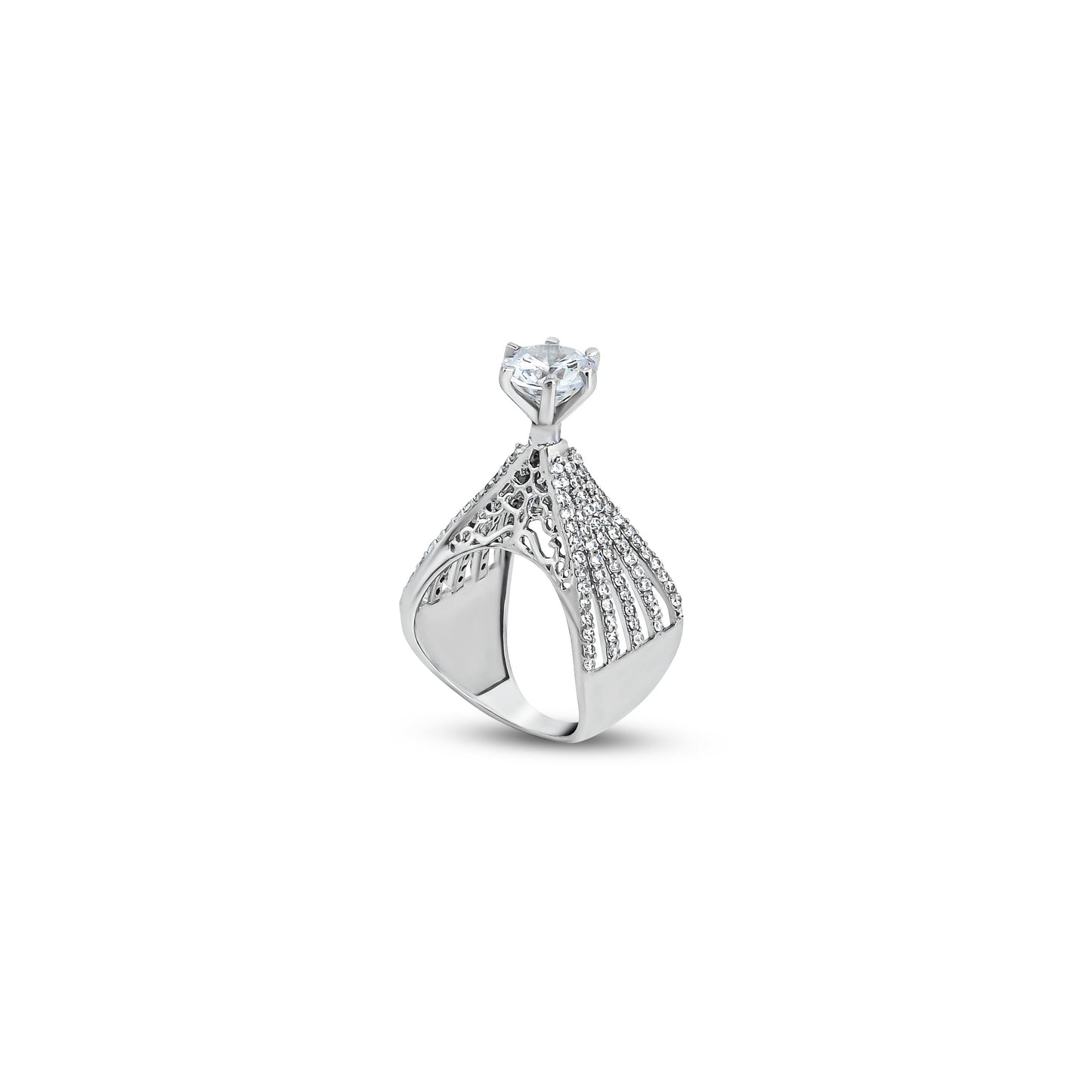Unique silver ring with intricate hand-engraving and a brilliant white gemstone.