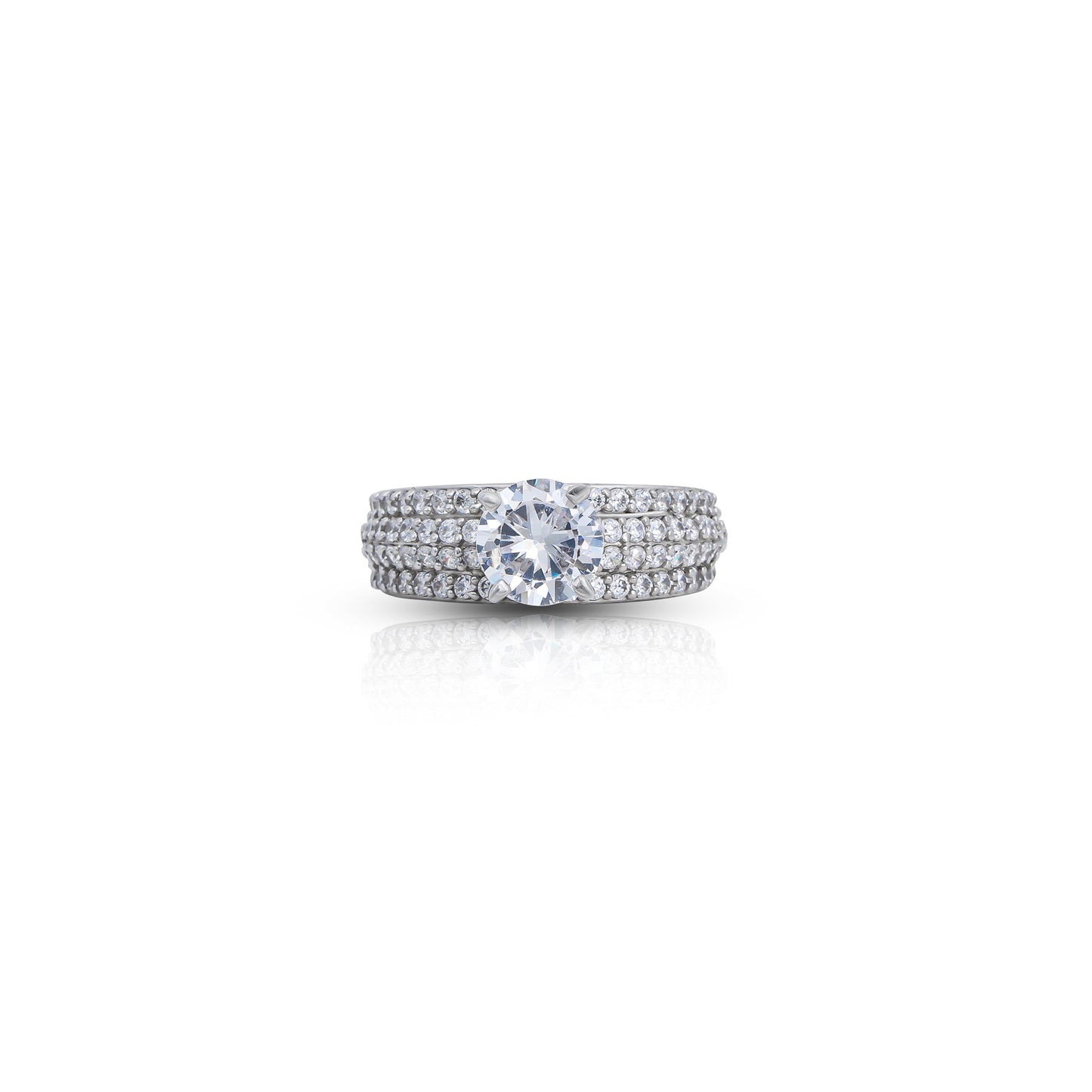 Elegant silver ring featuring a large white stone as the centerpiece.