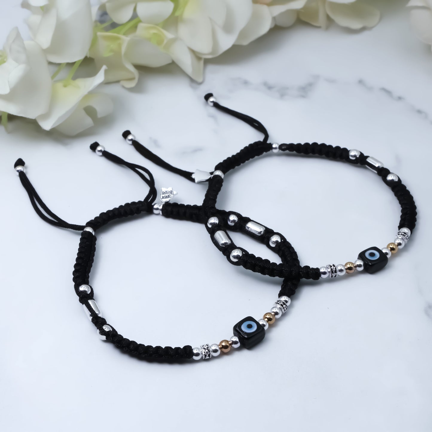 Evil Eye Thread Anklet with Silver Bud Accents