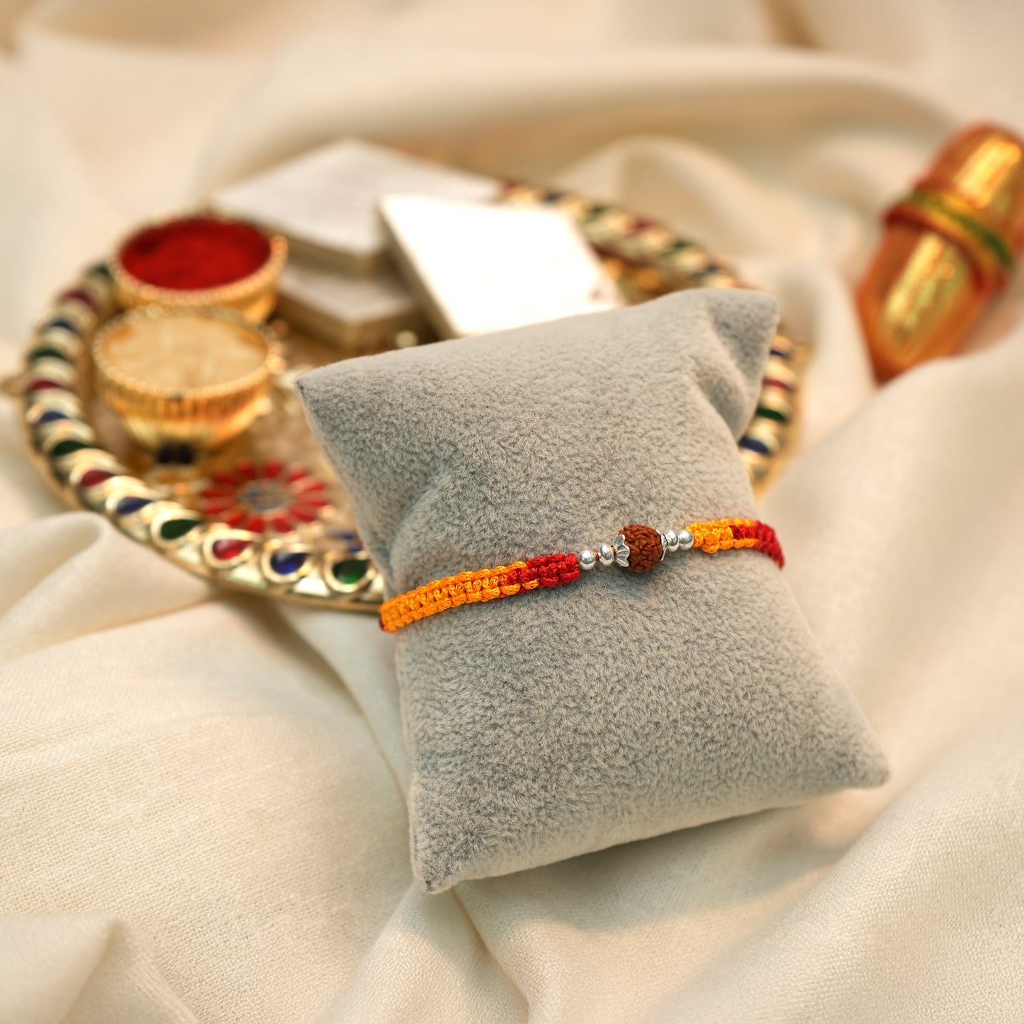Silver Rakhi for Brother Rudraksha & Bud Accents