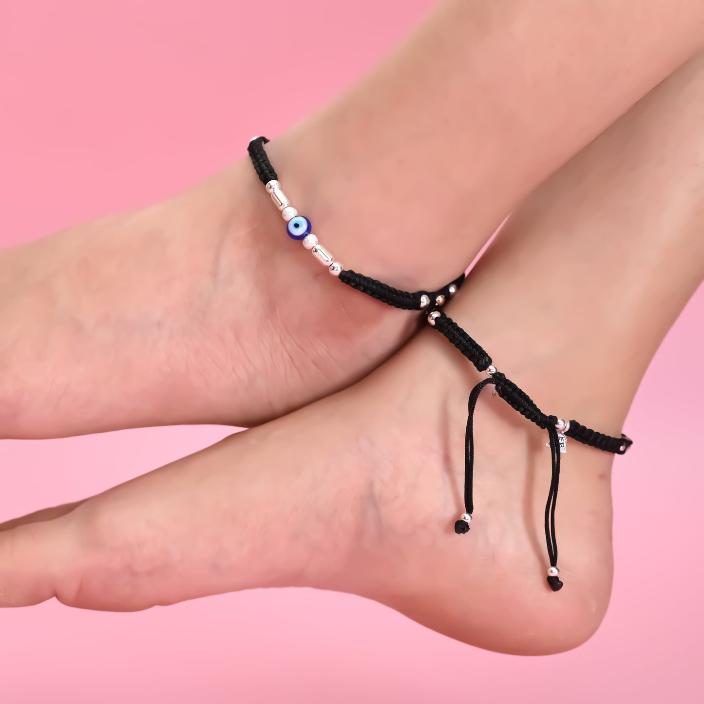 Evil Eye Thread Anklet with Unique Silver Buds