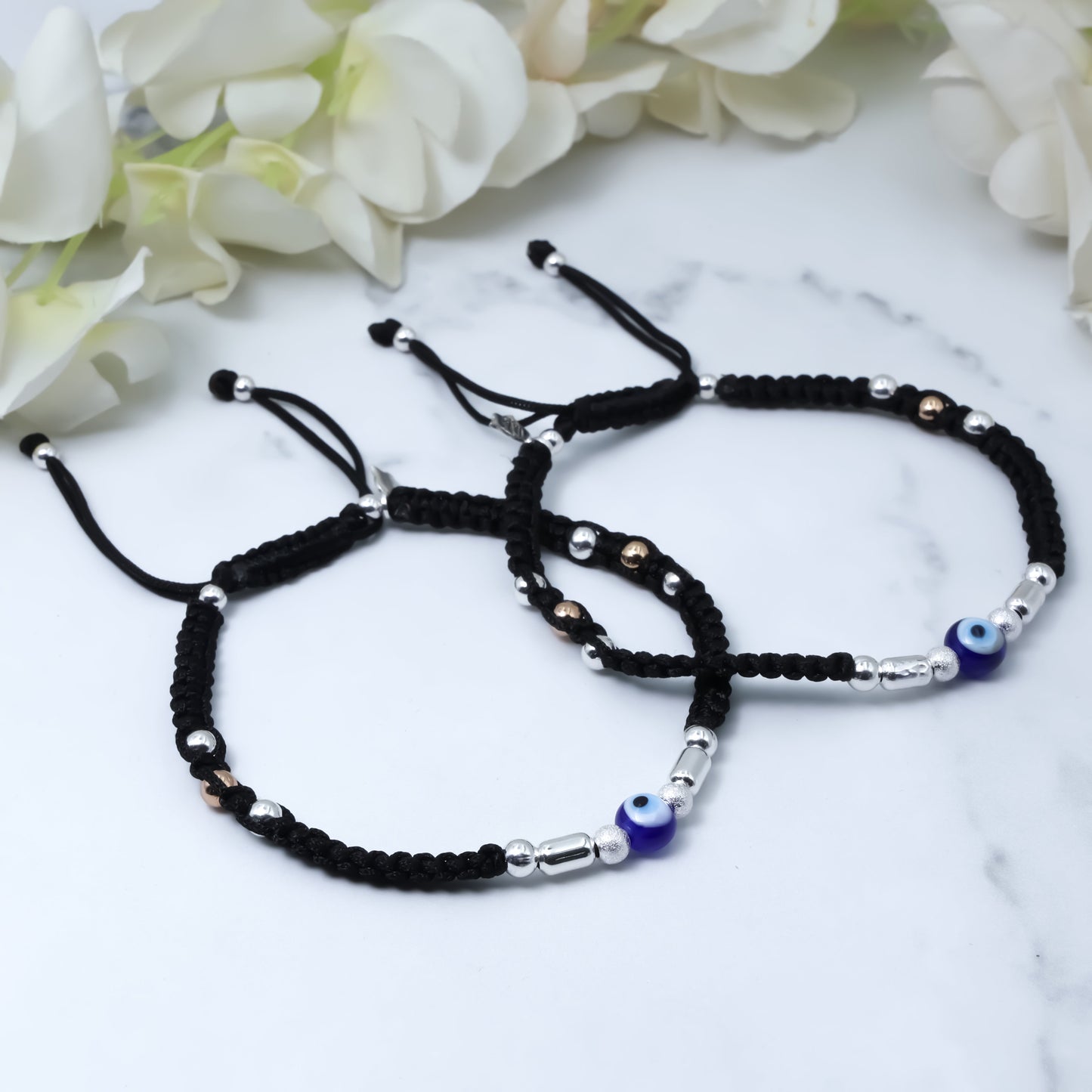 Evil Eye Thread Anklet with Unique Silver Buds