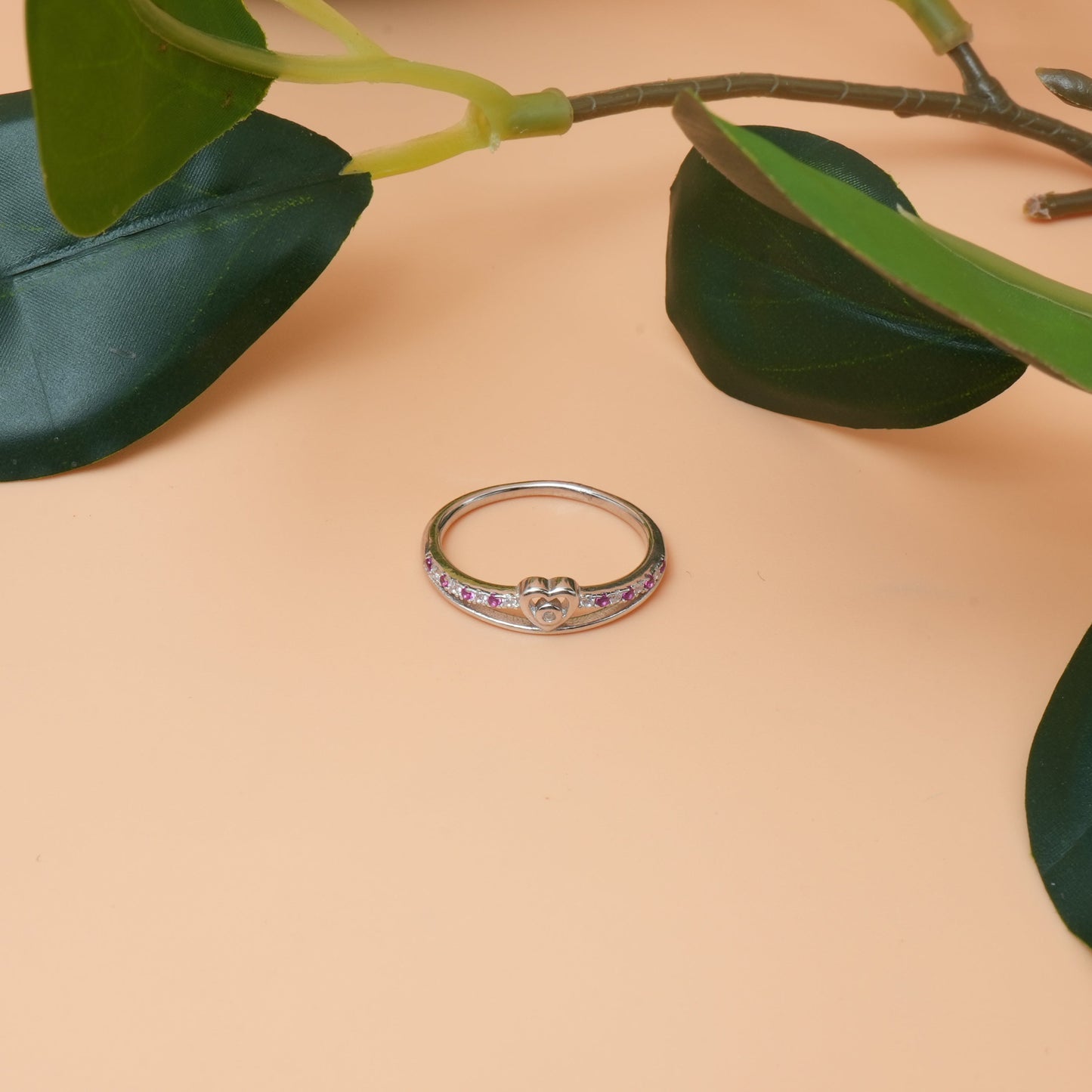 Silver Heart Ring with Pink Gemstones