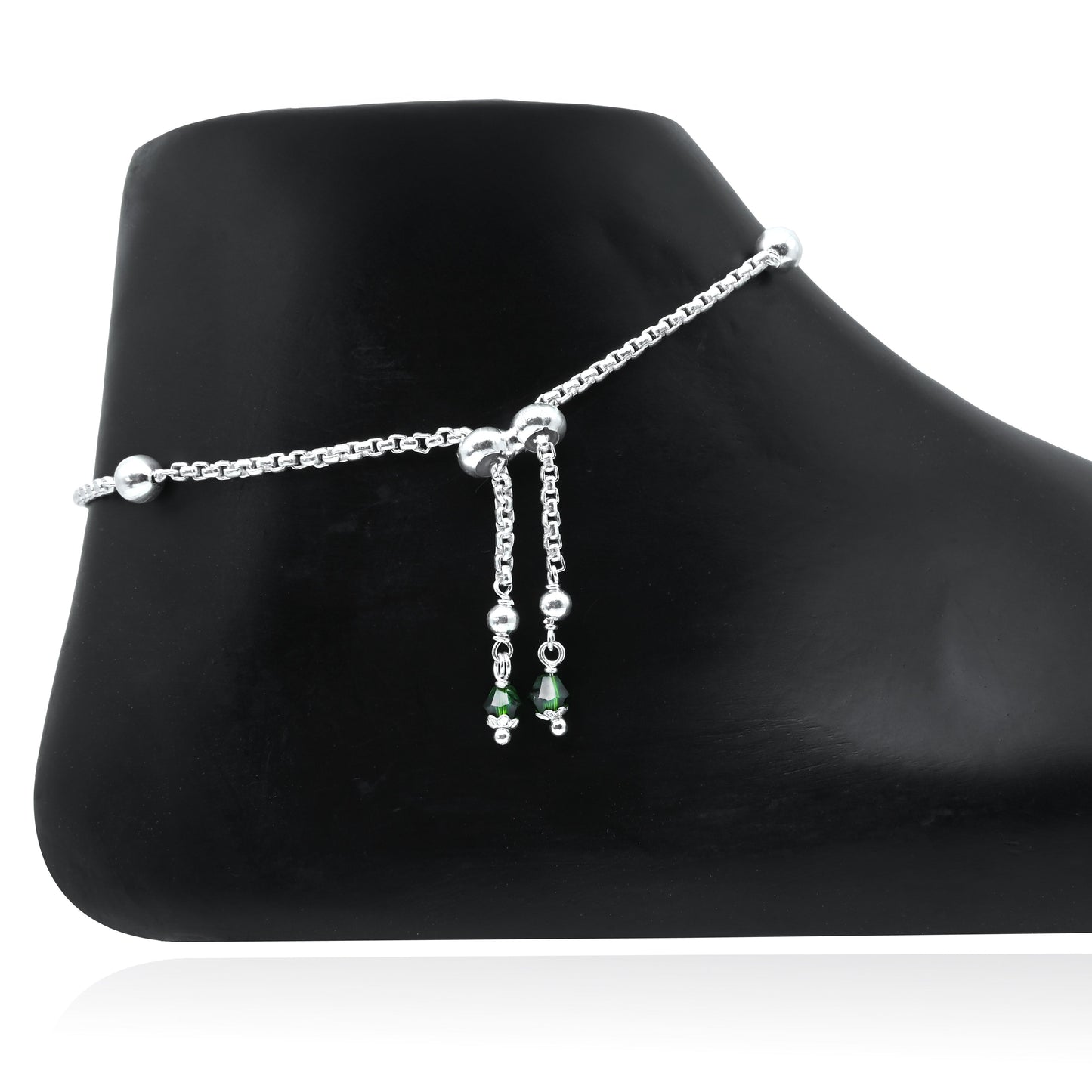 Lightweight Silver Anklet with Pink Stones, White Stone Border & Flower Engraving.