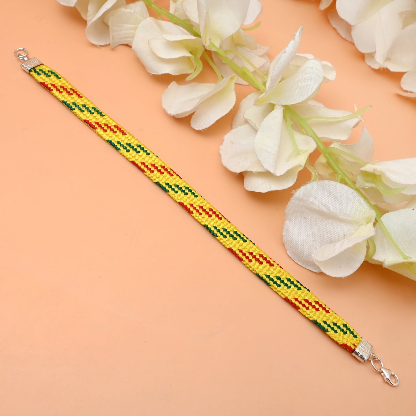 Silver Dhaga Moli with Red and Green Line Pattern