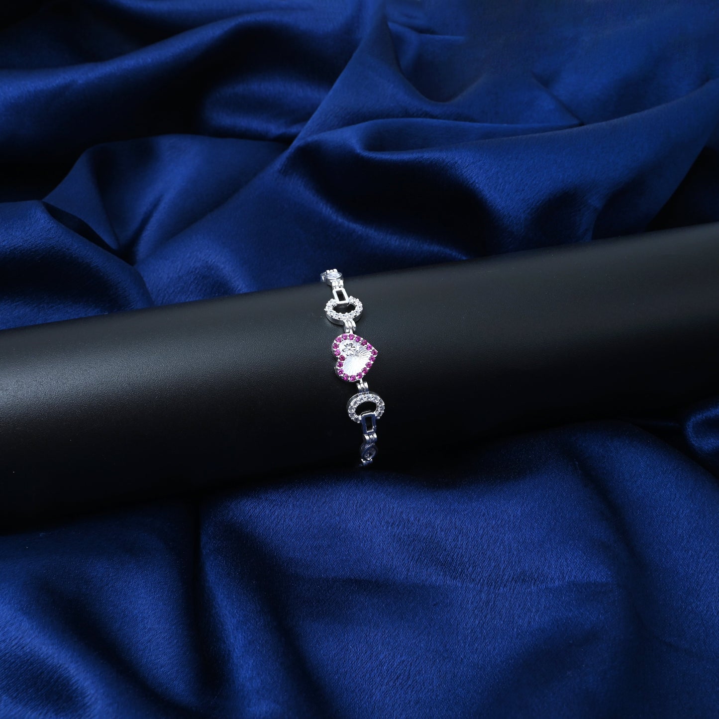 Romantic Silver Bracelet with Pink Heart and Stone Accent