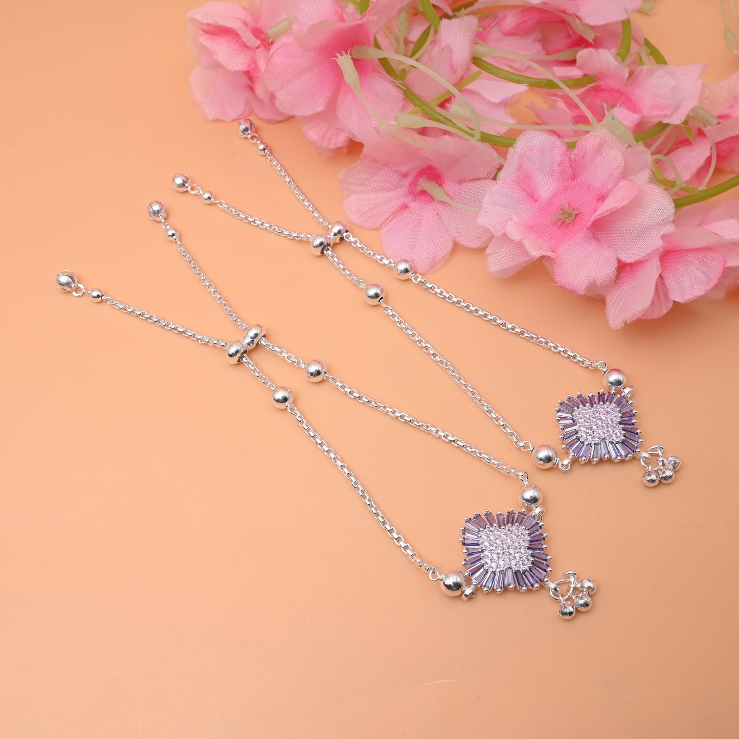 Lightweight Silver Anklet with White Stones, Purple Stone Border & Flower Engraving.