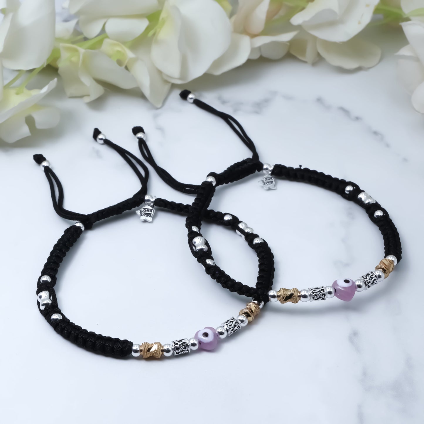 Pink Heart Evil Eye Thread Anklet with Silver Buds