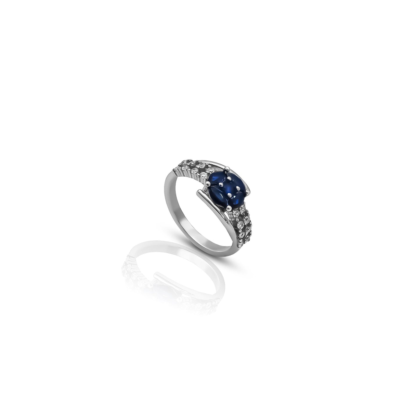 Silver ring with blue gemstone and white stone accents, perfect for any occasion