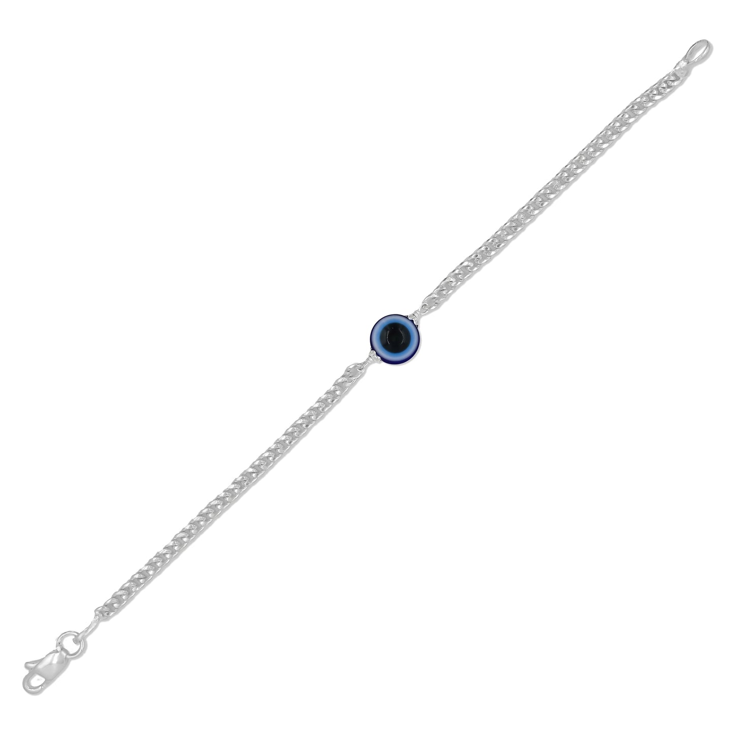 Minimalist silver bracelet featuring an evil eye symbol for casual protection