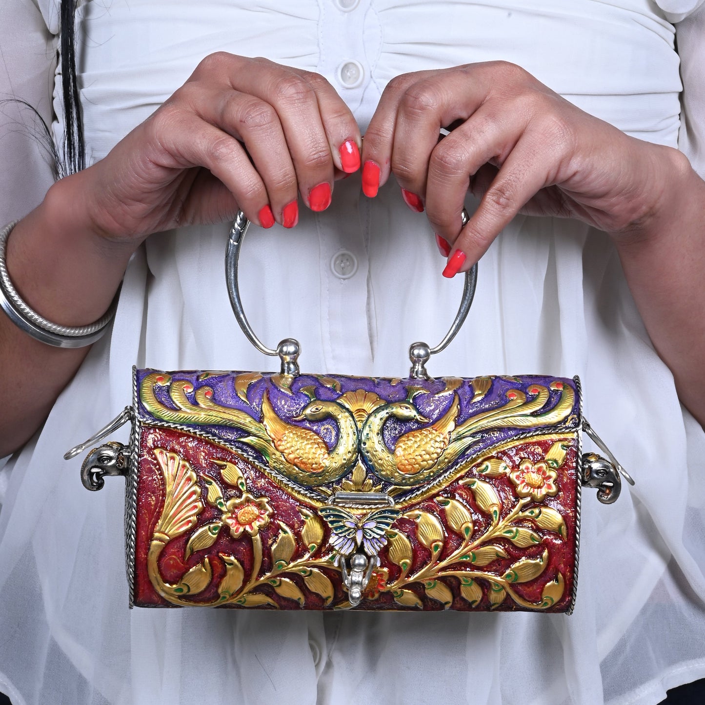 Handcrafted Silver Purse for Women with Peacock and Floral Art