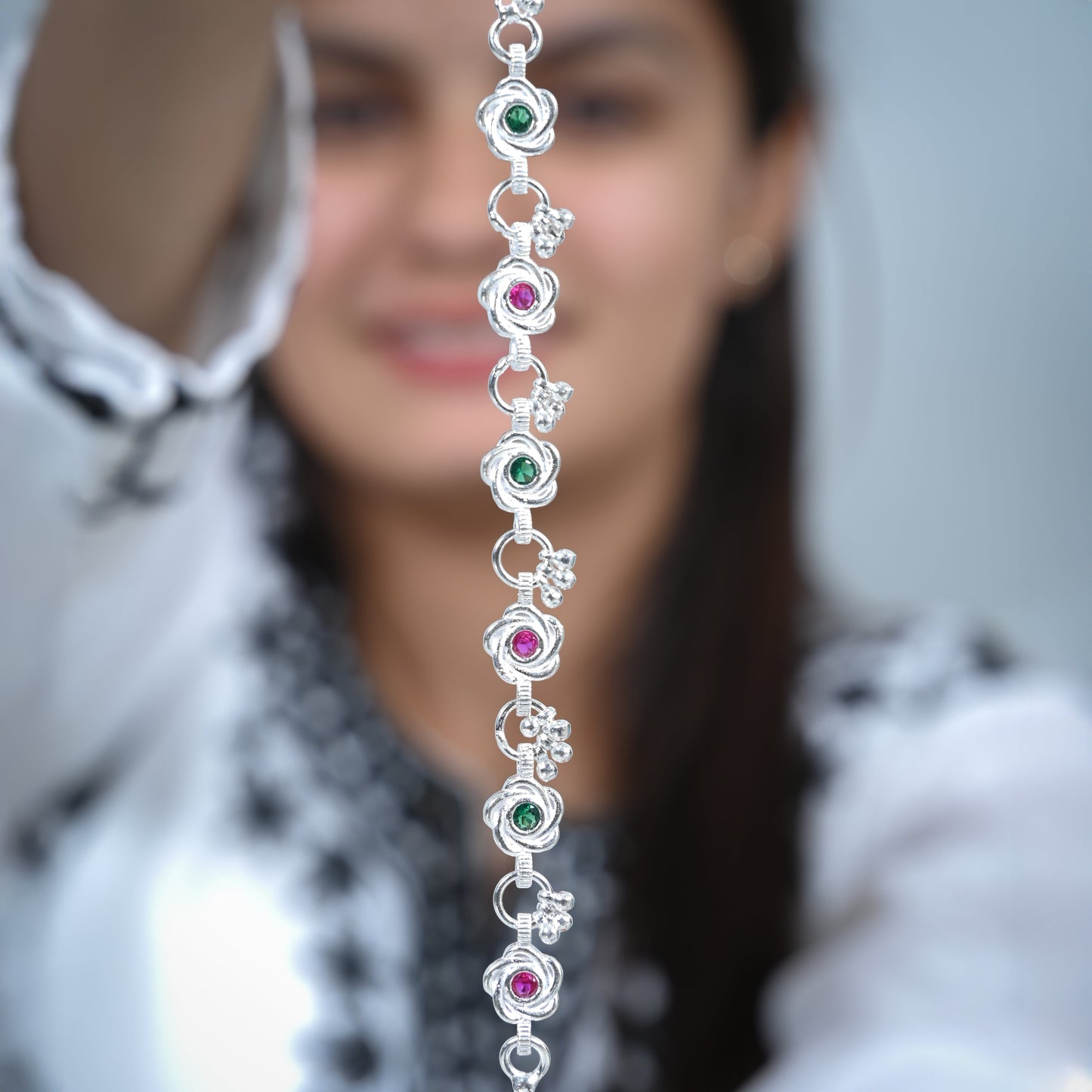 Premium Silver Anklet Flower Bud with Vibrant Stones