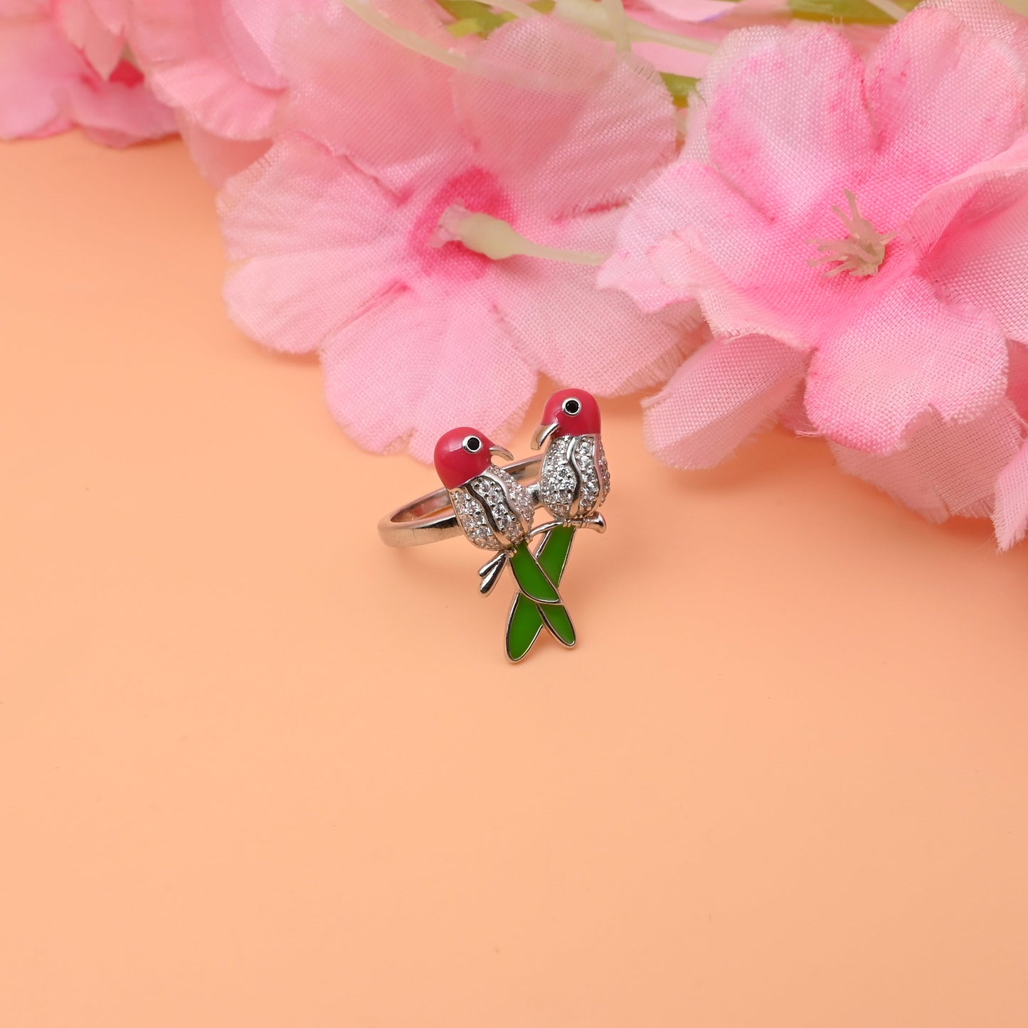 Romantic Silver Ring with Two Birds With Green Tail, Symbolizing Love & Togetherness.