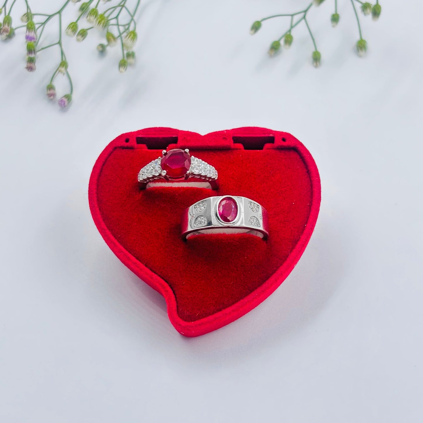 Stylish Silver Couple Rings with Radiant Pink Stone in the Middle.