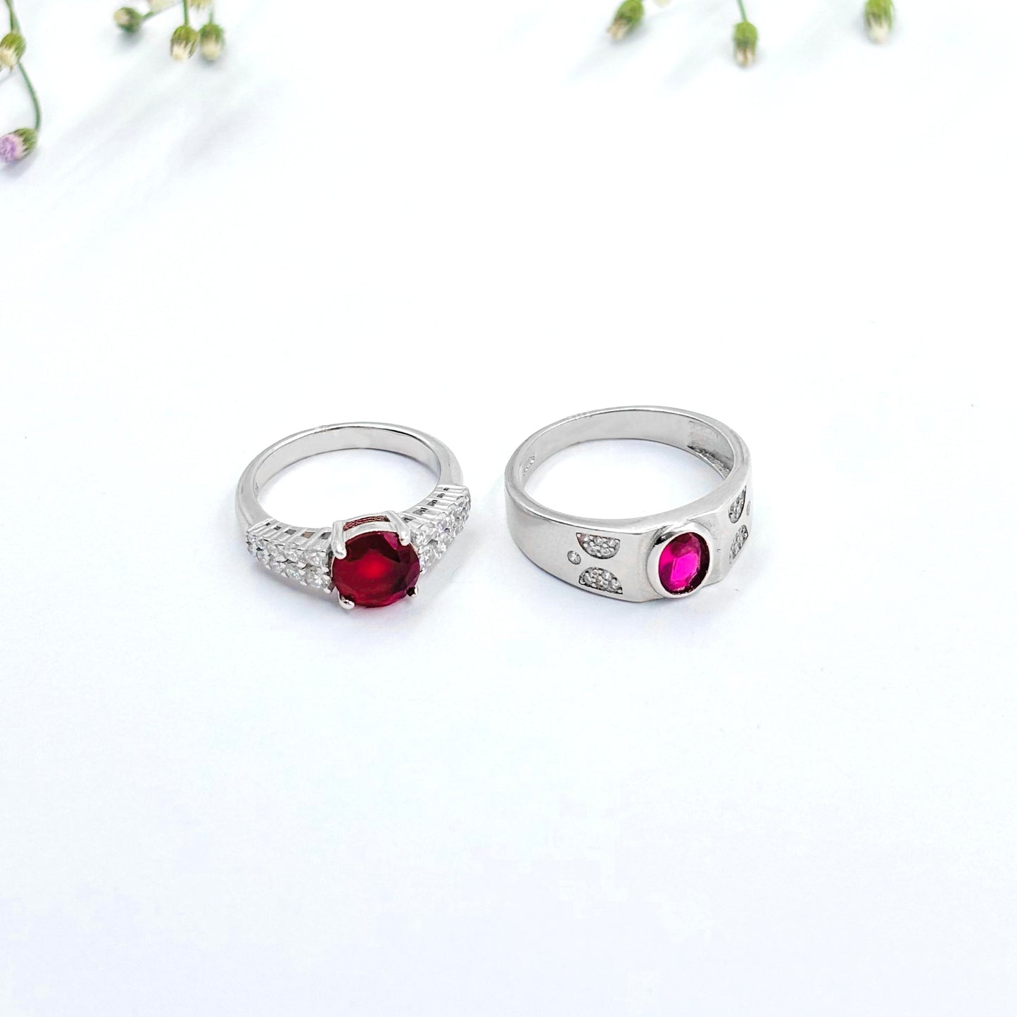 Stylish Silver Couple Rings with Radiant Pink Stone in the Middle.