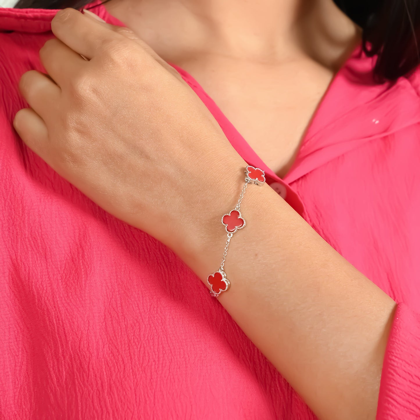 Stylish Silver Bracelet with Red Flower Bud Embellishment