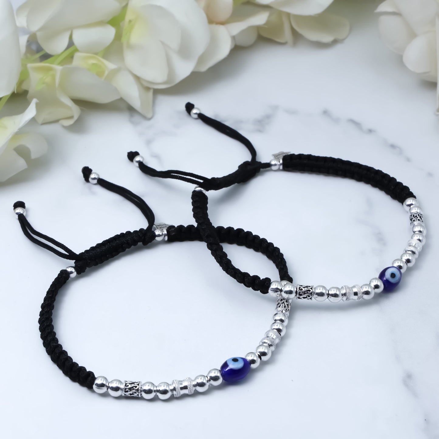 Handcrafted Thread Anklet with Evil Eye, Silver Buds